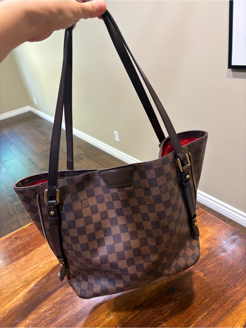 Louis Vuitton Brown Check Tote with Red Interior - Picture 12 of 15